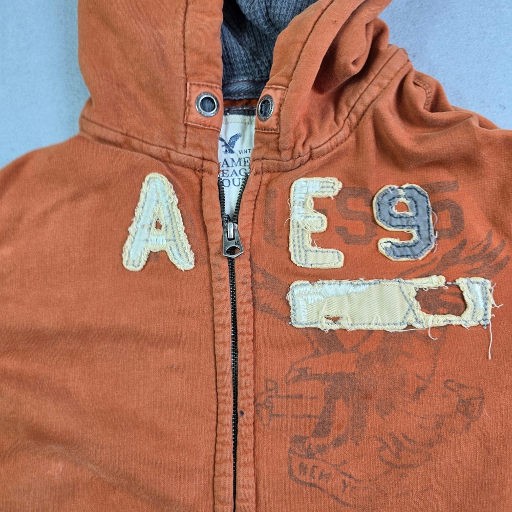 Vintage Y2K Fit American Eagle Hoodie Men Medium Orange Full Zip Distressed Hobo - Picture 5 of 16